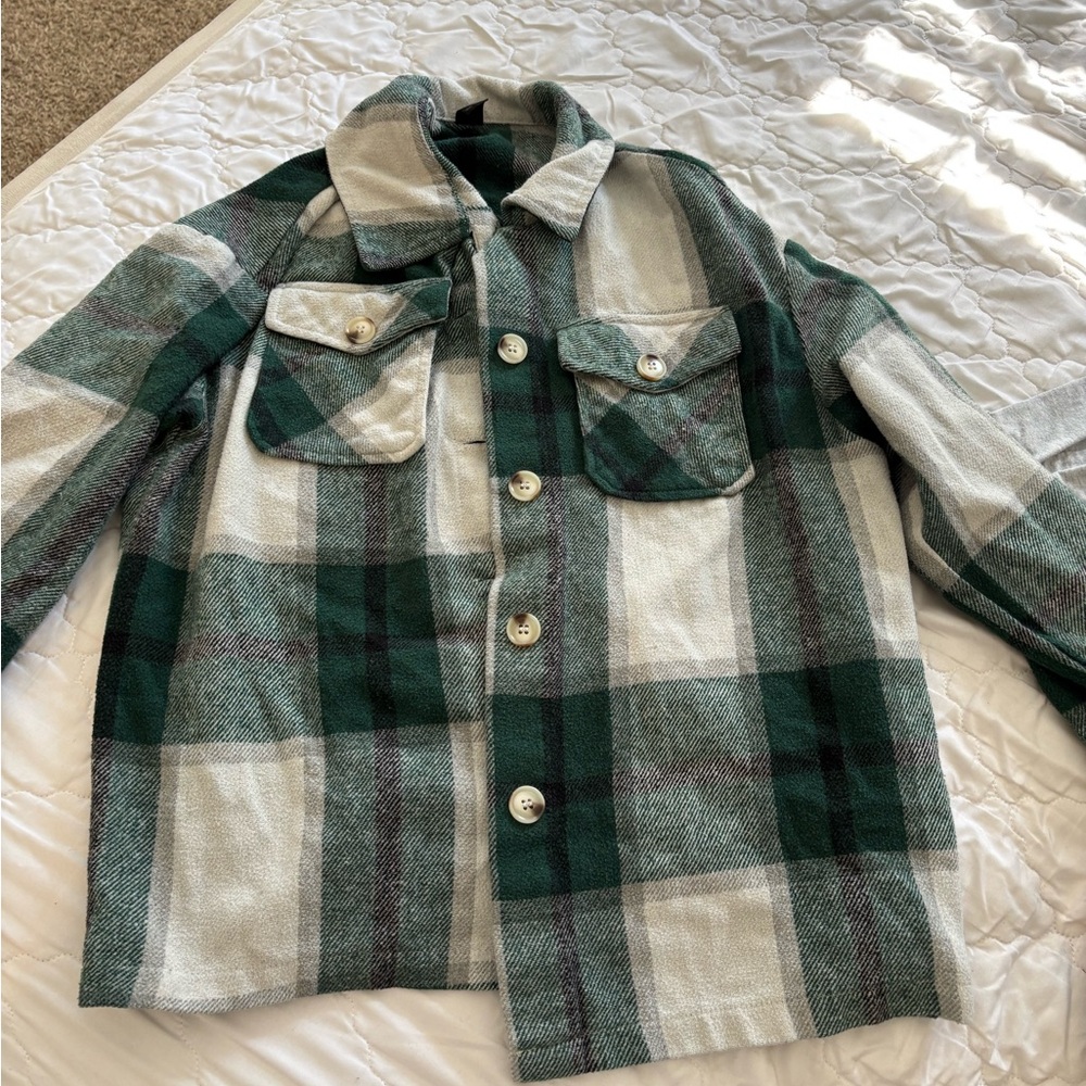 Green and Gray Plaid Button-Up Jacket